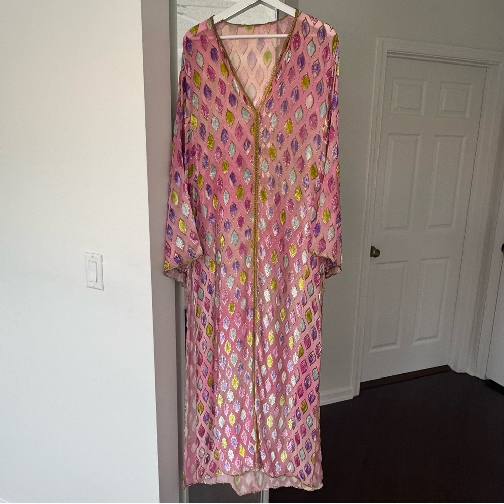 Vintage Silk Bohemian Kaftan Robe – Embroidered Kimono Dress